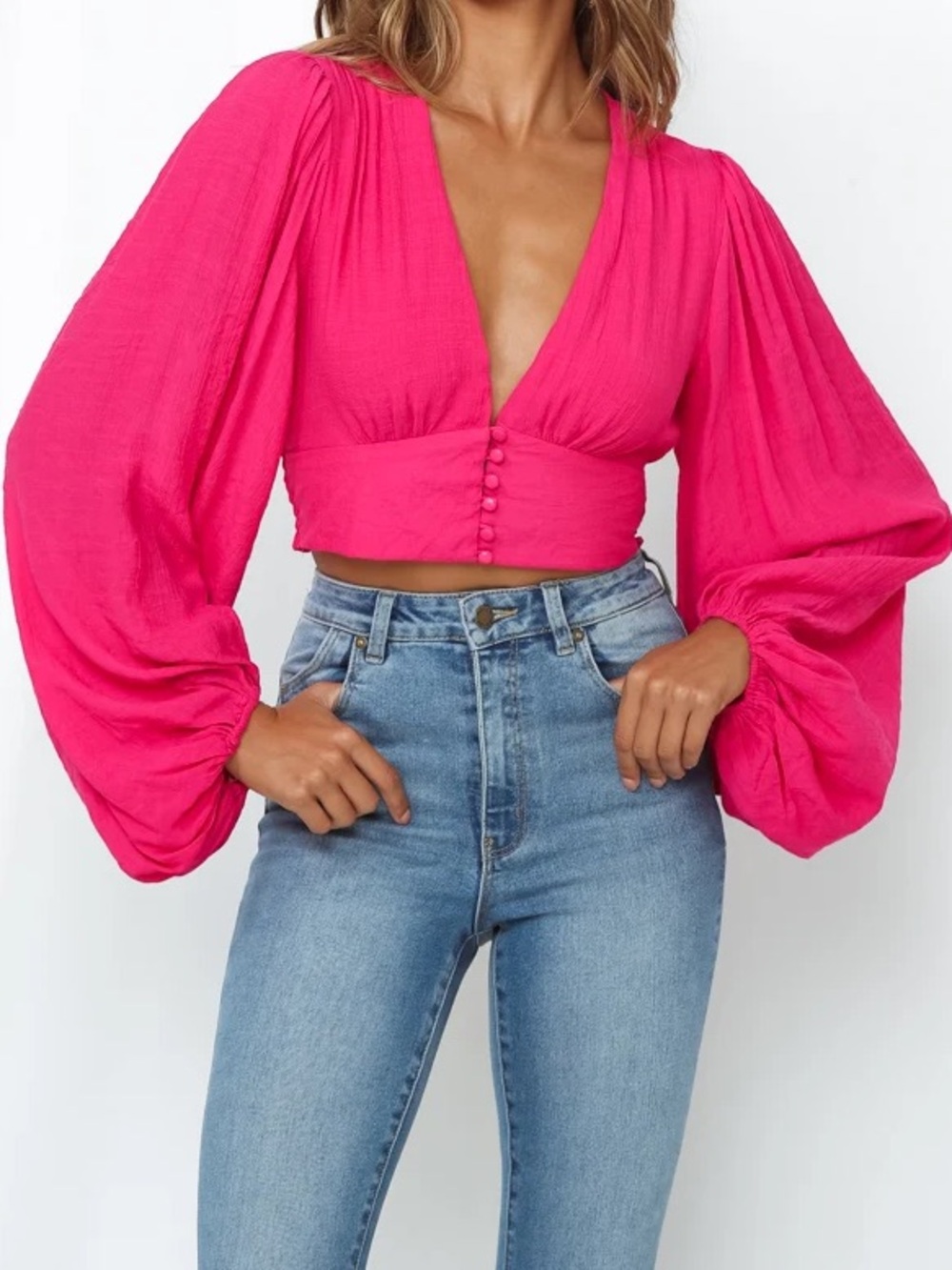 Hello Molly Agyness Top Hot Pink Peasant Style Crop Top Long Sleeve Size Small